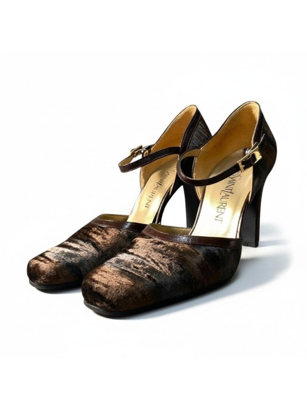 Saint Laurent Yvesaintlauren Vintage Strap Sandals Velour Pumps Shoes Brown Gold